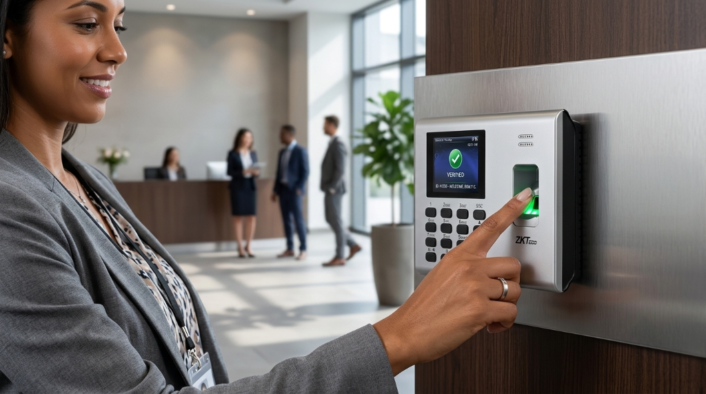 Employee clocking in with ZKTeco biometric device